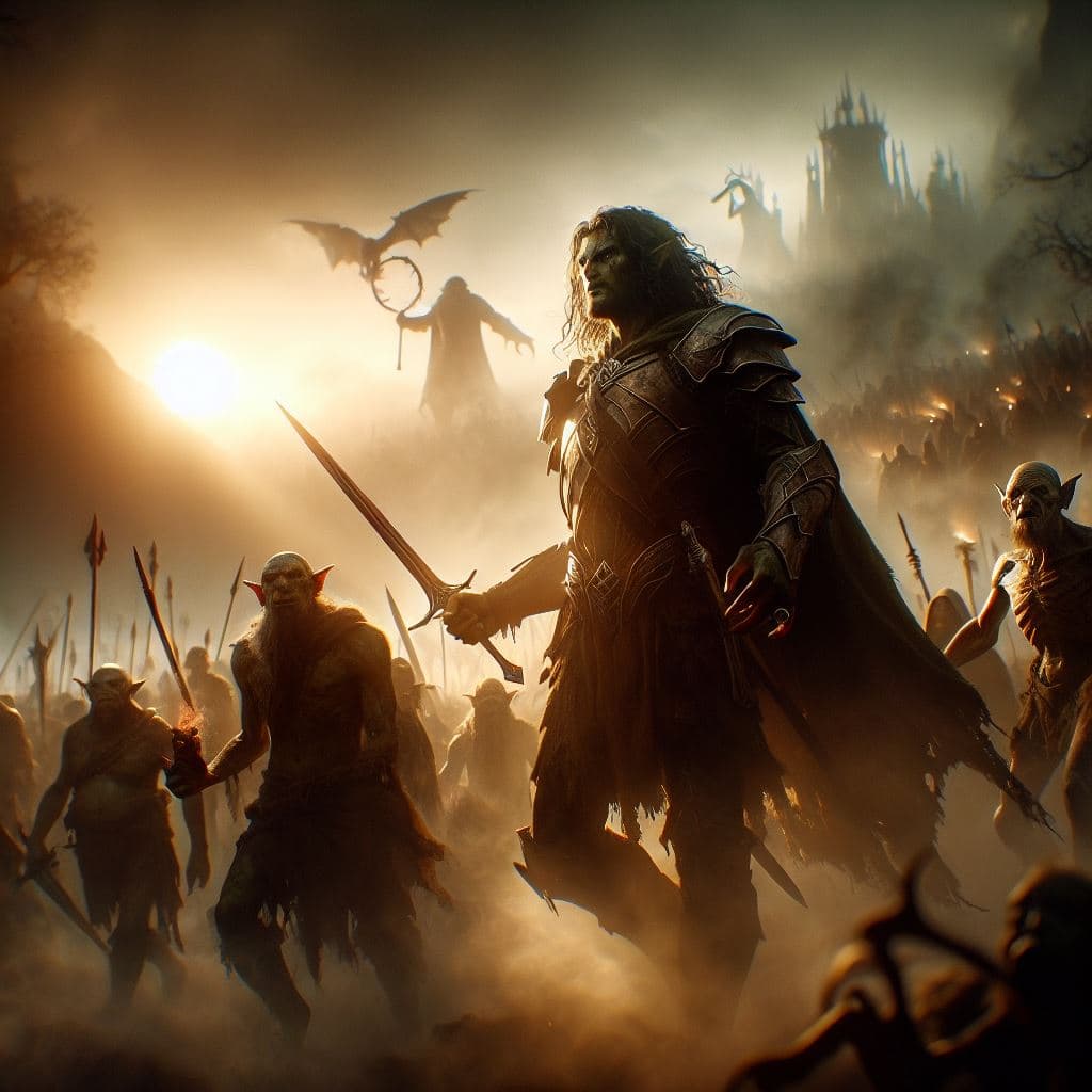 AI generated: The Battle of Dagorlad, Lord of the Rings, photorealism, shiny, glow, misty, The Dead Marshes, cinem...
