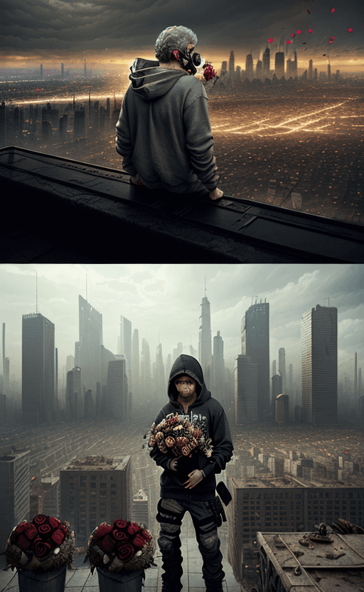 AI generated: post-apocalyptic panoramic cityscape with a man in a hoodie holding a bouquet of roses in one hand o...