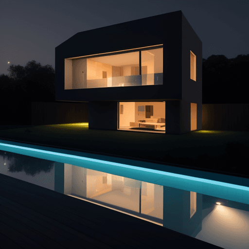 AI generated: A sleek modern house at nighfall with a soft glow coming from the windows