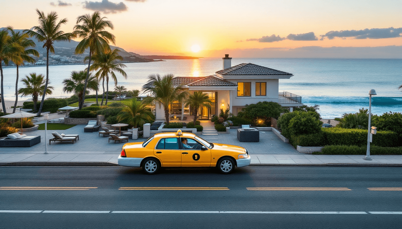 AI generated: A yellow taxi arriving to a luxurious beach house.