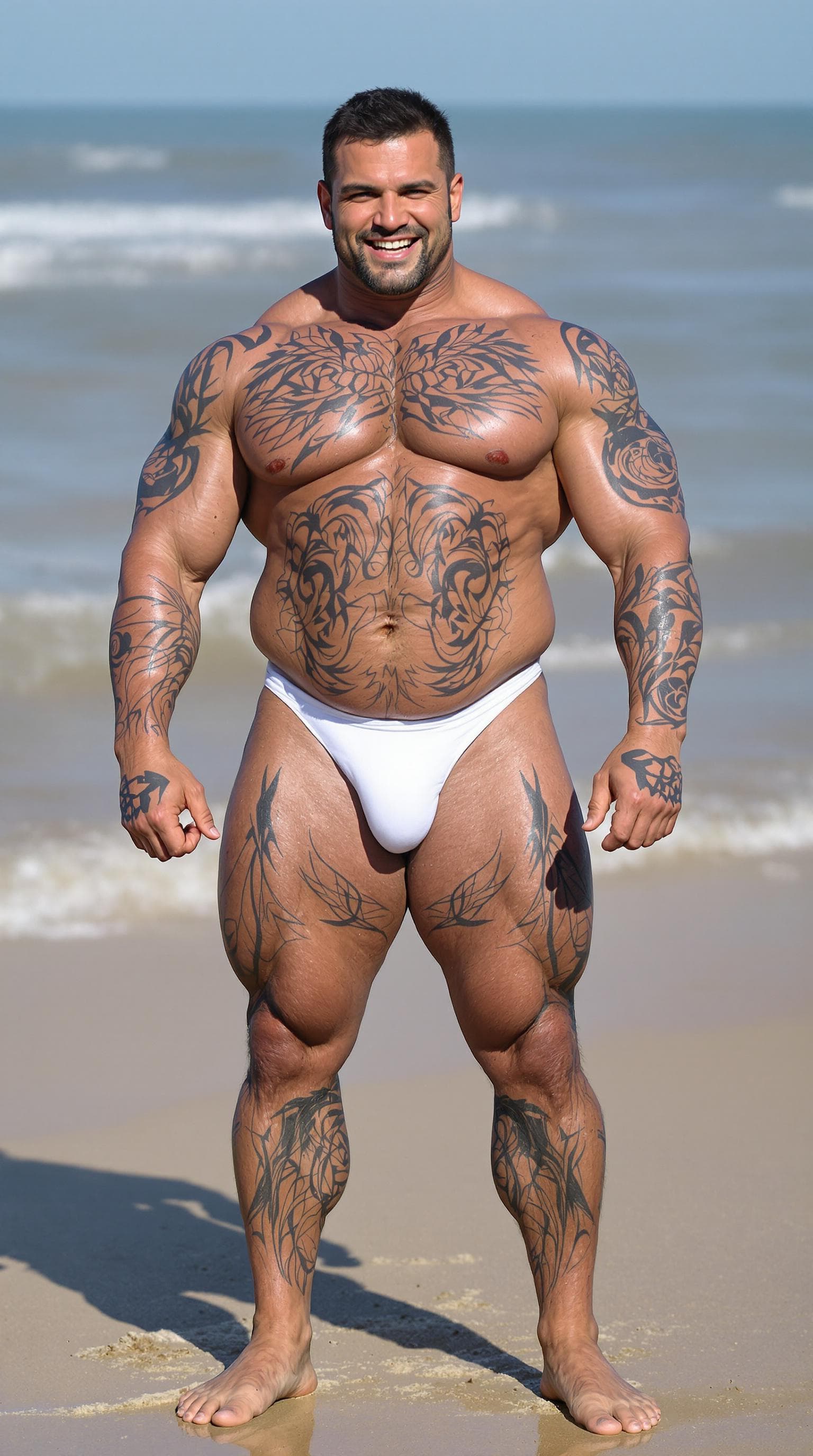 AI generated: Full body image, handsome Italian heavyweight muscular bodybuilder in his 40s, lots of tattoos, shor...