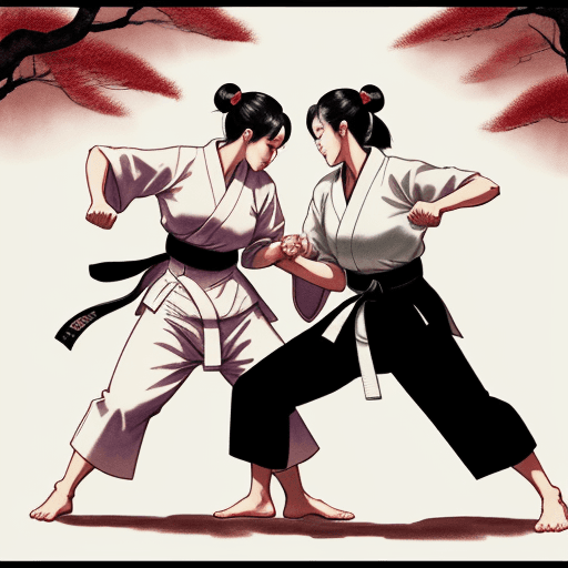 AI generated: two Japanese women karate fighting in a forest, in the style of traditional Japanese ink painting, t...