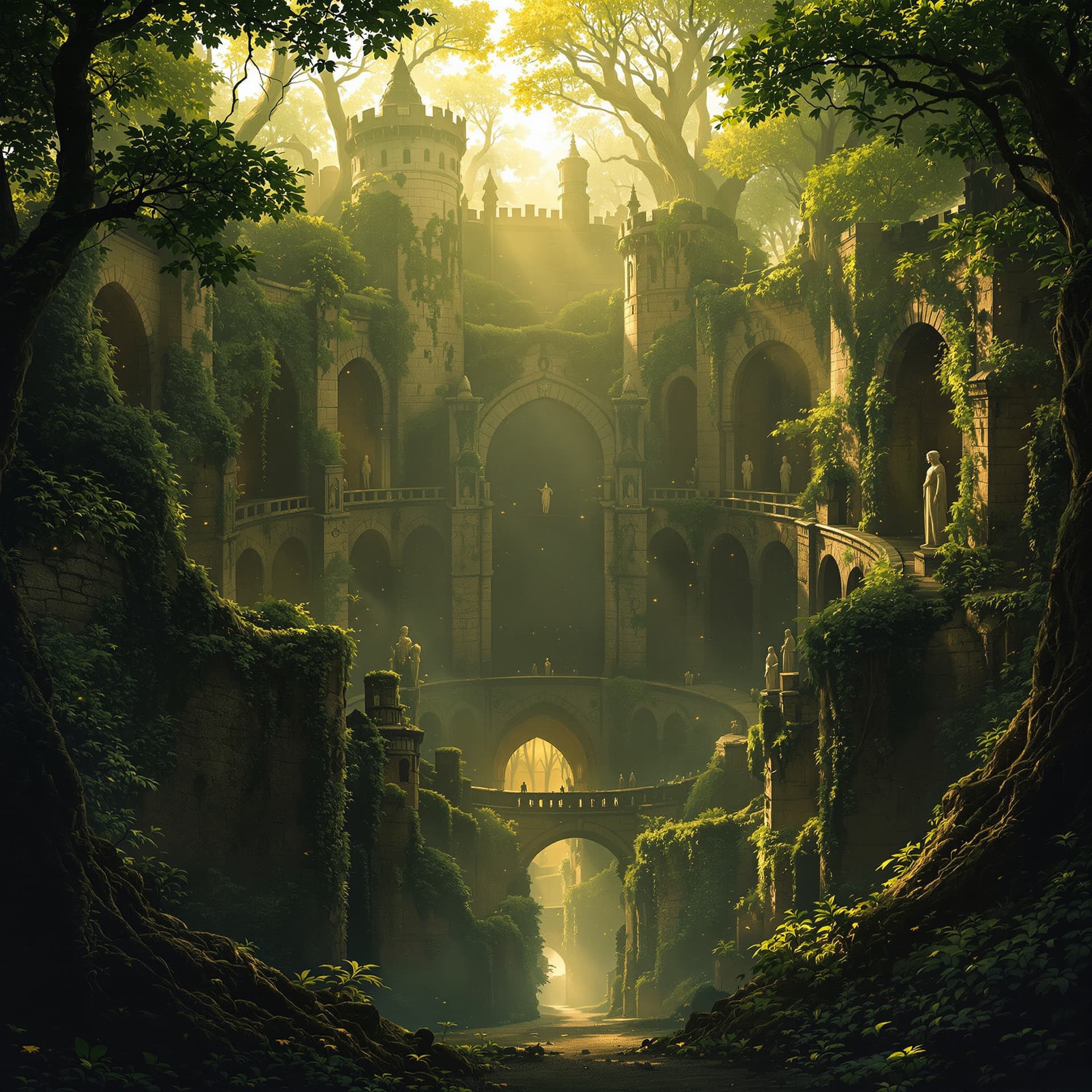 AI generated: "An enormous medieval fortress built in a circular formation deep in an ancient forest. The castle w...