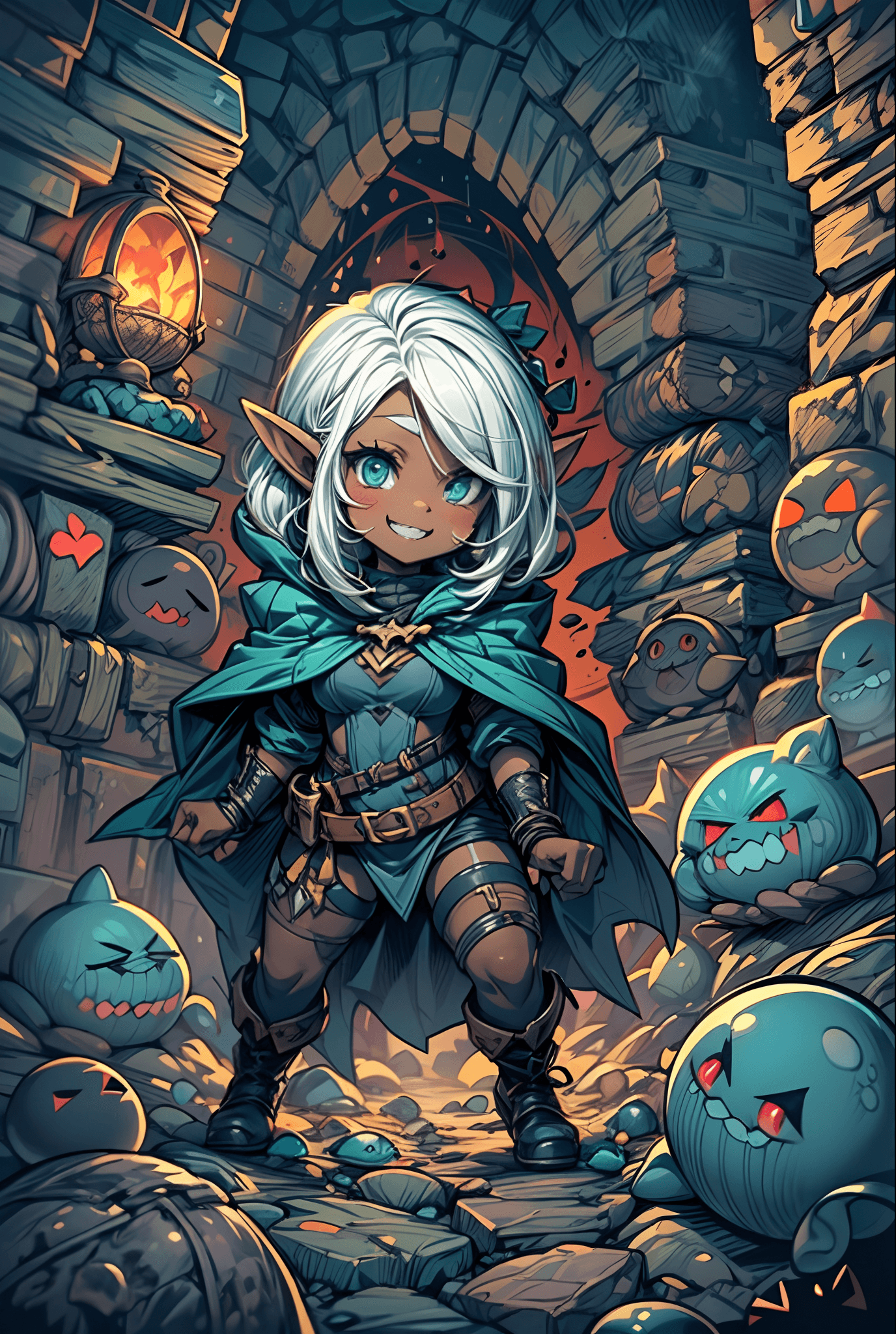 AI generated: Very detailed illustration of a cute female thief, drow elf, white hair, ((dark blue skin)), ((surro...