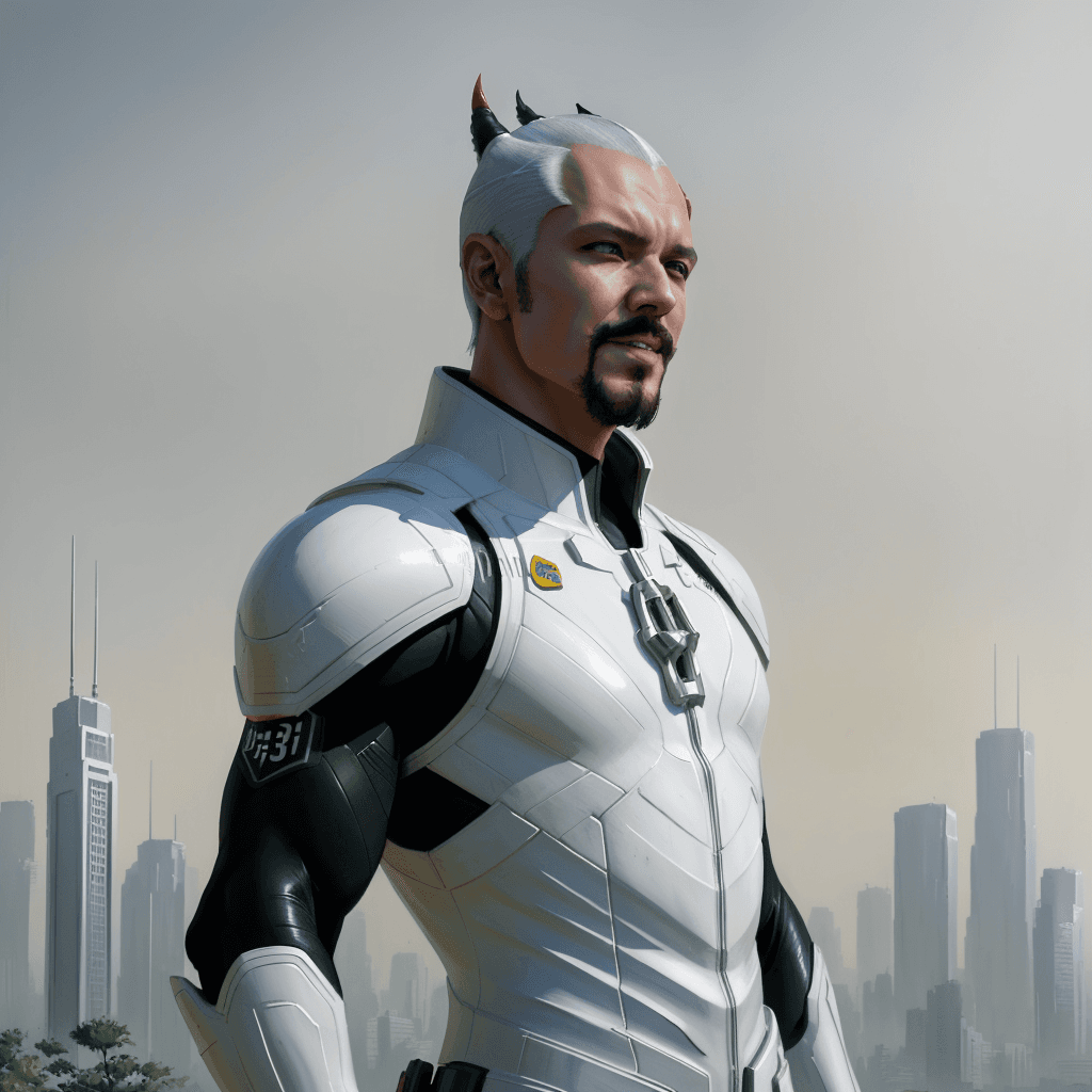 AI generated: light white nano suit futuristic armor, shiny chrome ( roji shinkawa style , greg rutowski style, pe...