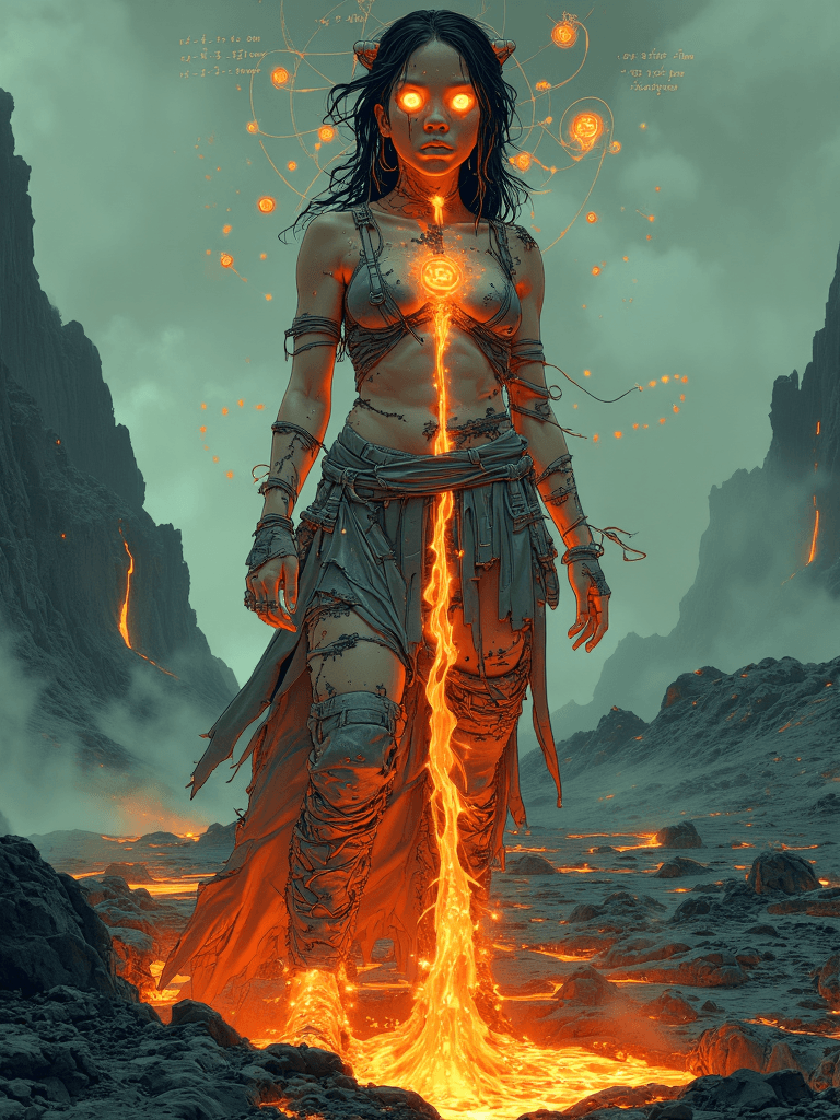 AI generated: In a barren, volcanic landscape, a fierce woman stands amidst jagged black rocks, her presence both ...