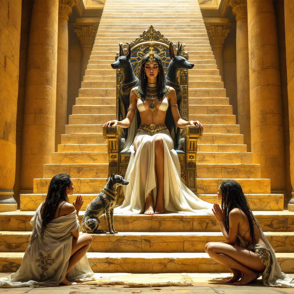 AI generated: Hyper realistic image of an egyptian queen sitting on a ornate big throne, with two  skinny black do...