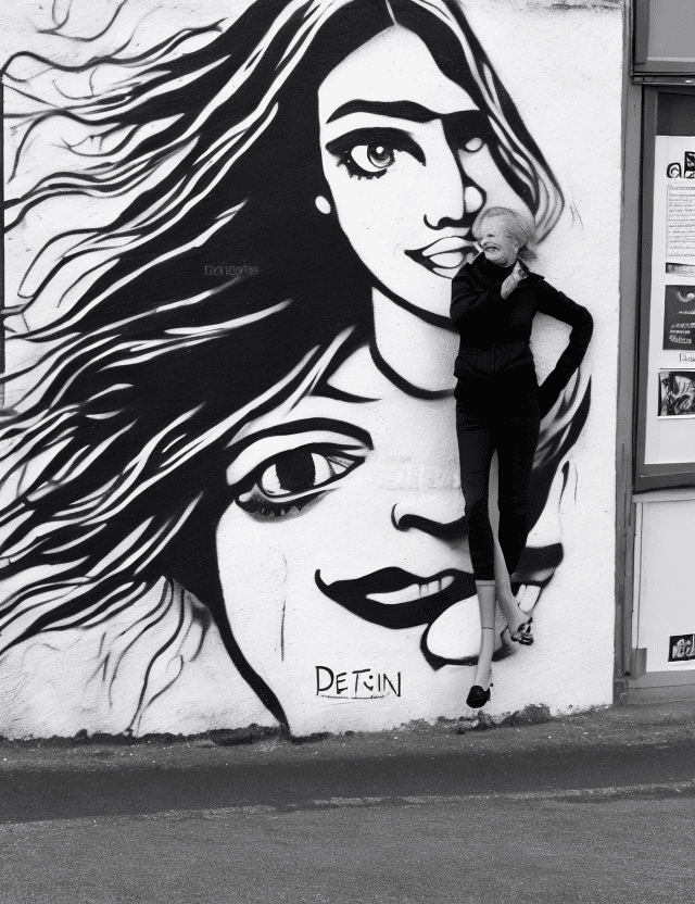 AI generated: vieille femme, debout, souriant, seule, belle, rassurante, photographie noir et blanc détaillée,  pi...