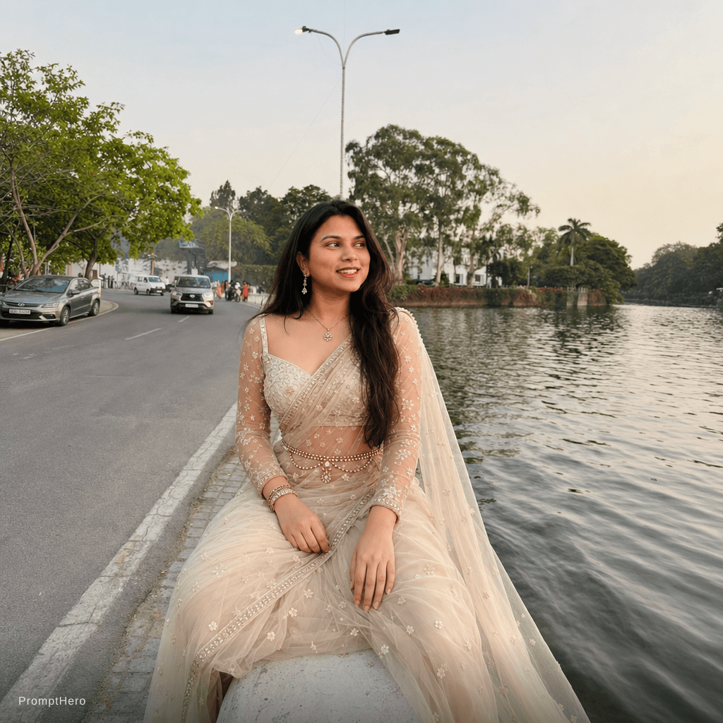 AI generated: Transpernt saree with sleeves blouse and waist jewelry 