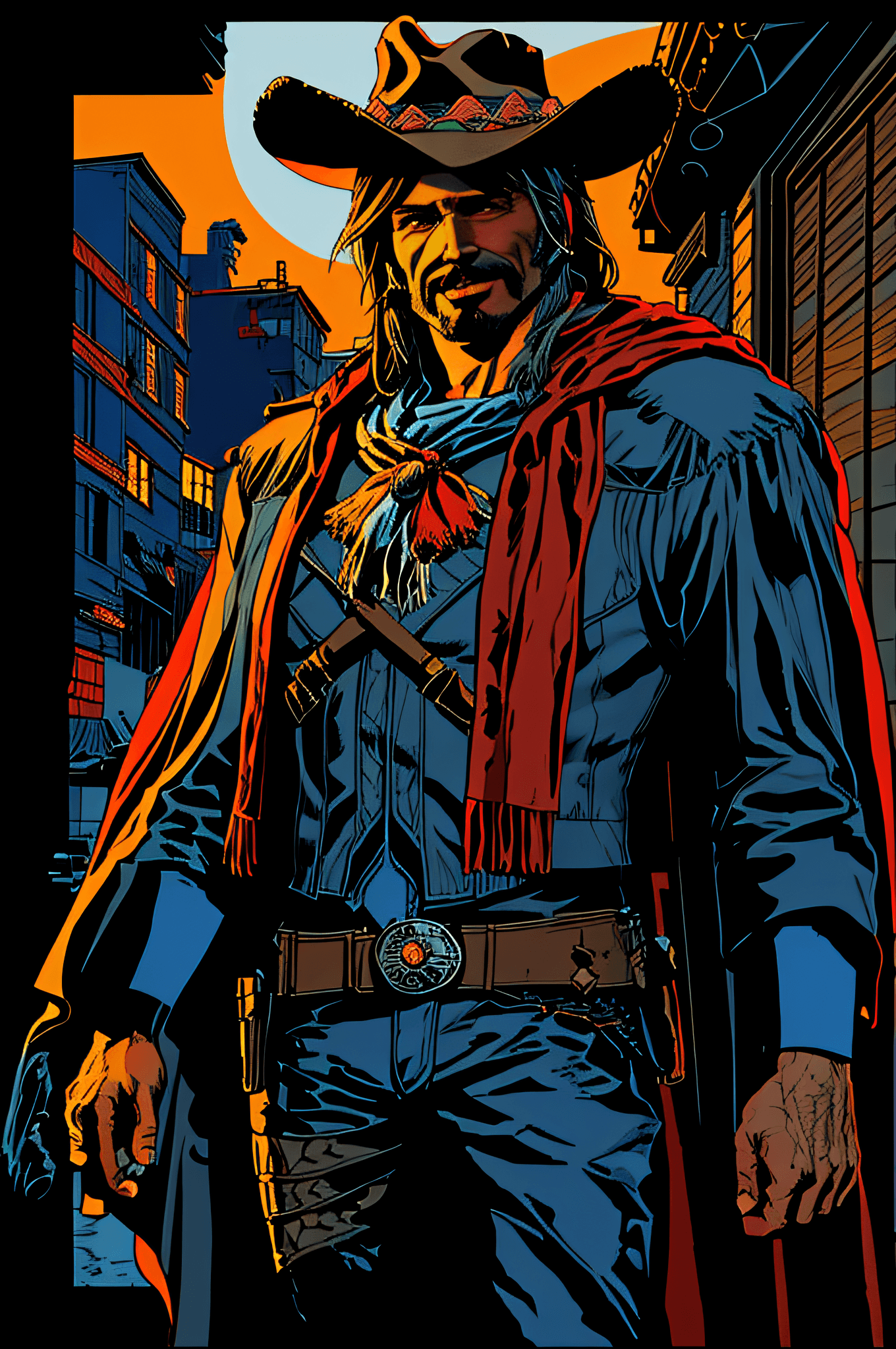 AI generated: mccree, western setting, red poncho, cape, setting sun in background, smile, confident pose, cigar i...