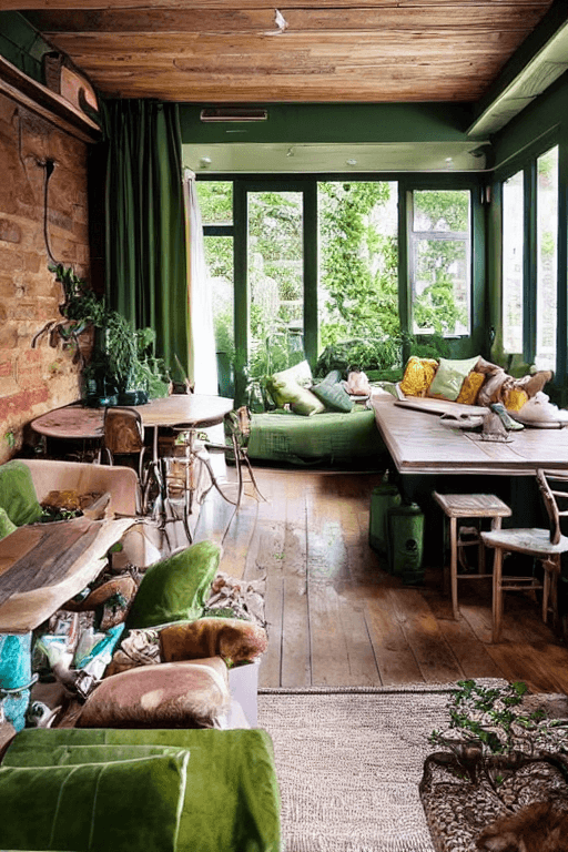 AI generated: high resolution photography interior design, wooden floor, small windows opening onto the garden, ec...