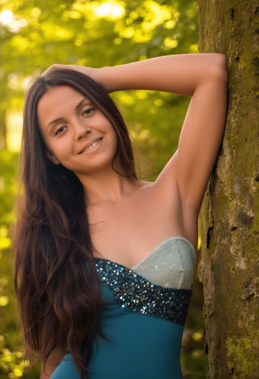 AI generated: A fit adult woman is leaning against a tree in a forest setting. She has long dark hair cascading do...