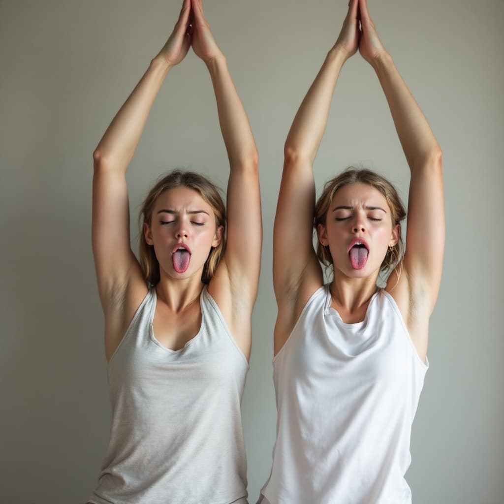 AI generated: two young swedish girls doing yoga 
,arms ups ,in confused expression,pulling tongue out,tongue drip...