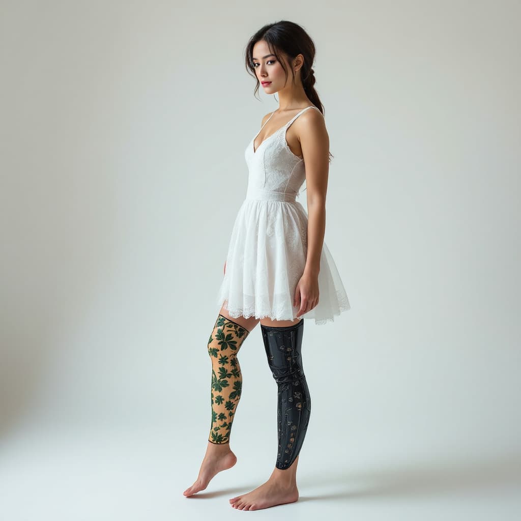 AI generated: A full body photo of an attractive woman wearing white lace stockings and tulle dress, she is puttin...