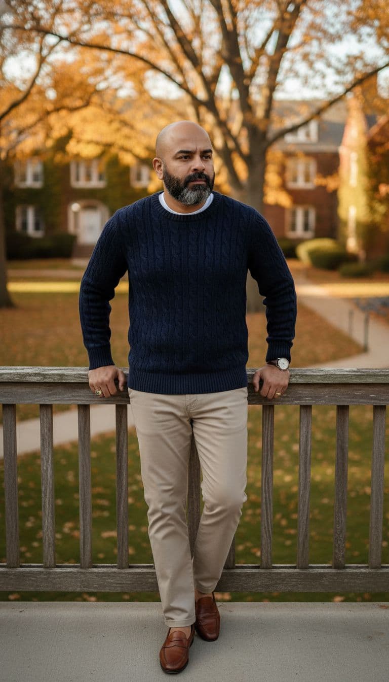 AI generated: Subject: An elegant late-20s man. Clothing: Navy blue cable-knit cricket sweater over a white t-shir...