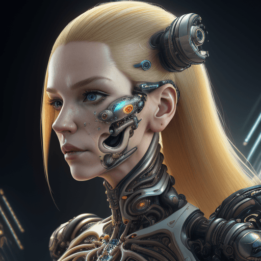 AI generated: a woman, upper body, pretty human face BLONDE HAIR, (biomechanical :1) , inflateble shapes, wearing ...