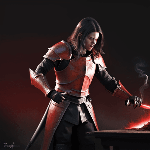 AI generated: make me a ink painting of a crimson red and gold knight,add a red lighting background ,add smoke and...