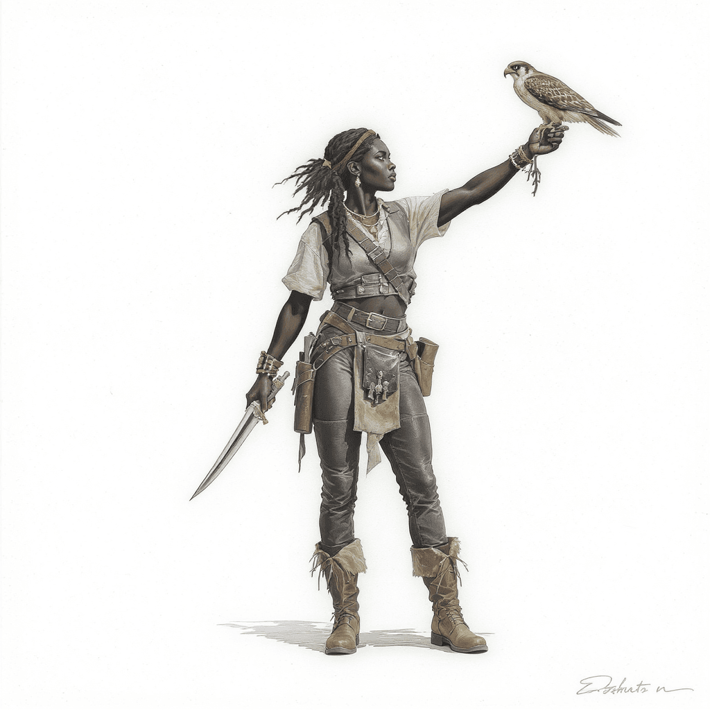 AI generated: An embossed image of an African American female falconer holding a falcon on her outstretched arm. S...