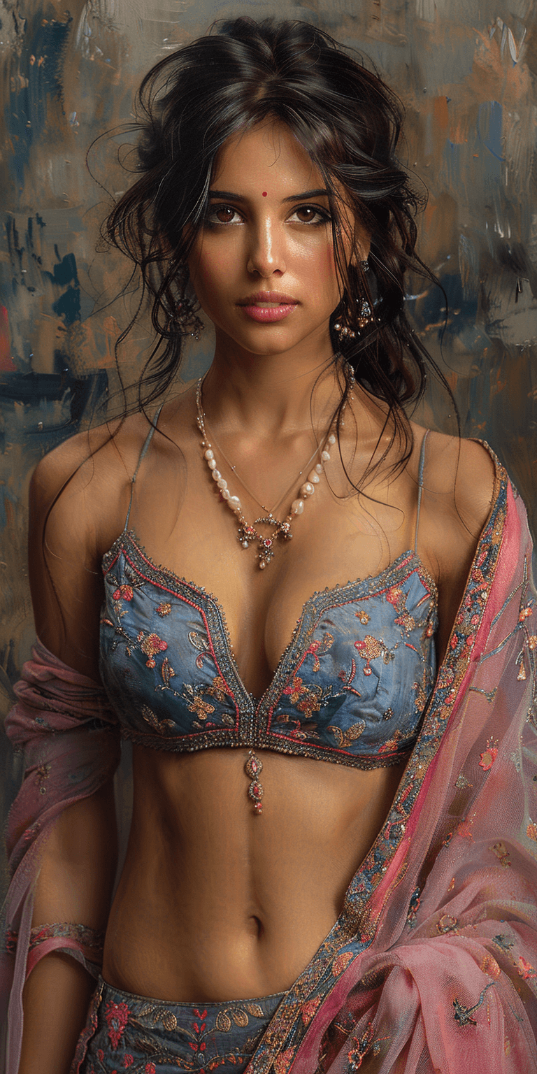 AI generated: A beautiful Indian woman in an elegant blue lehenga with pink sari, in the style of impressionist po...