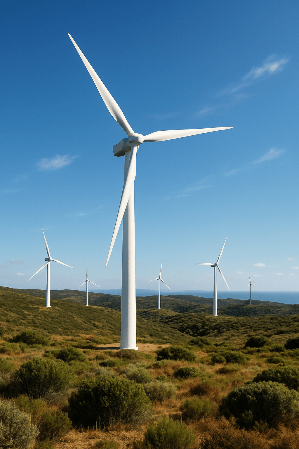 AI generated: A photorealistic image of a wind farm landscape. The central, large white wind turbine dominates the...