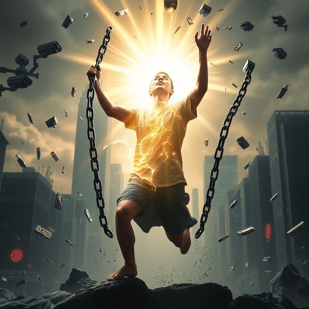 AI generated: A powerful and dramatic digital artwork depicting a figure breaking free from chains, symbolizing hu...