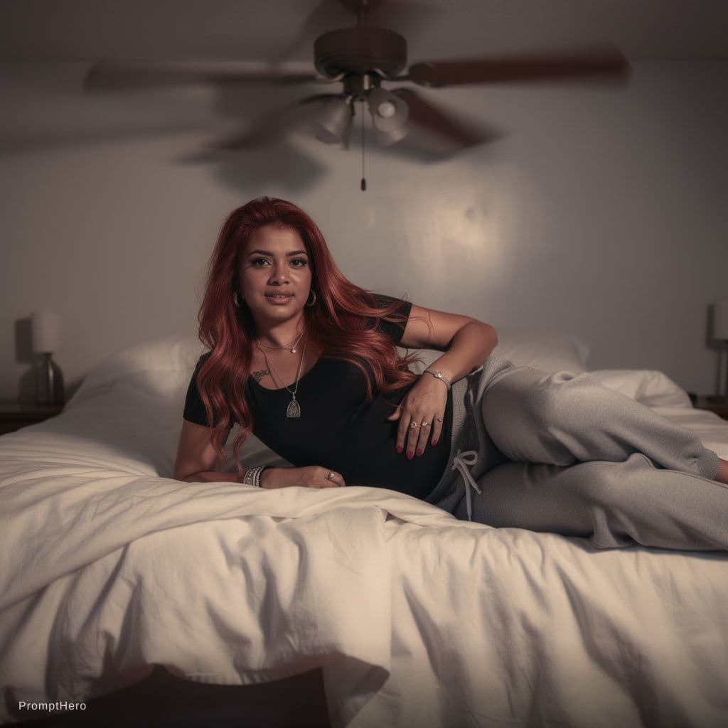 AI generated: A woman with long,tousled red hair cascading in loose waves over her shoulders lies sprawled across ...