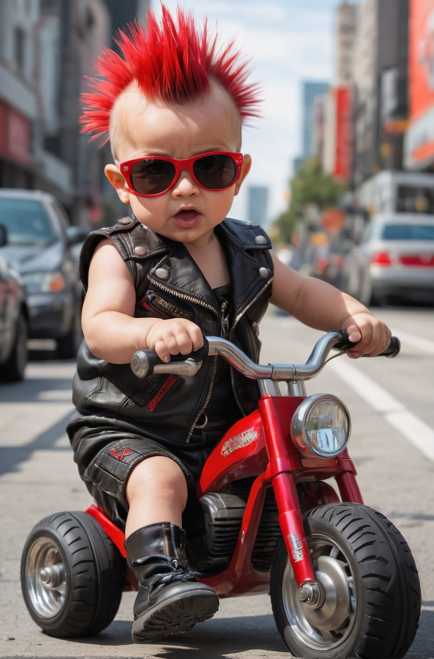 AI generated: a cute tough toddler riding a red cyberpunk tricycle::1.2, toddler has an aggressive attitude with a...