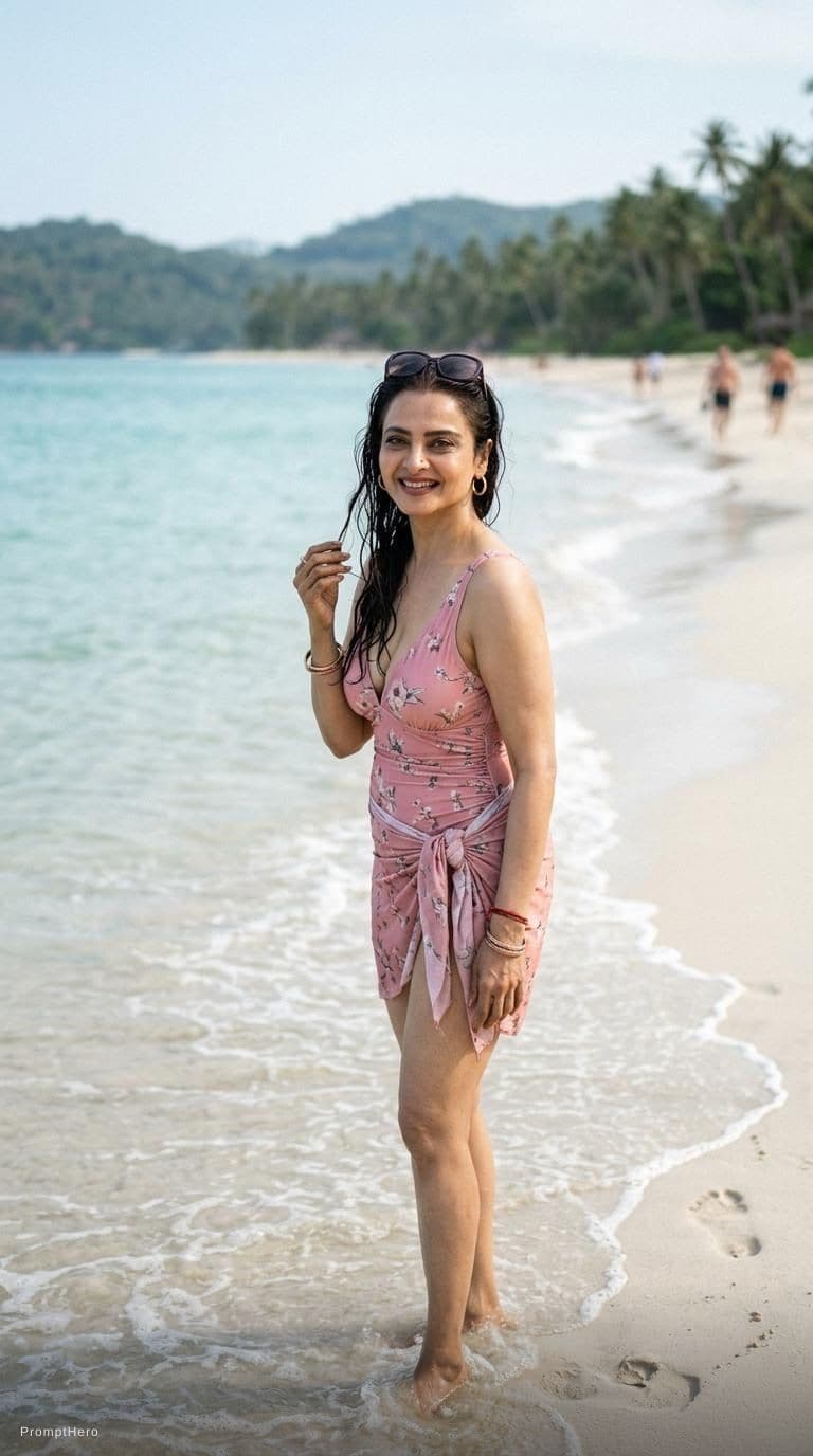 AI generated: Candid photo of Bollywood actress Rekha recent curvy body structure enjoying summer vacation at the ...