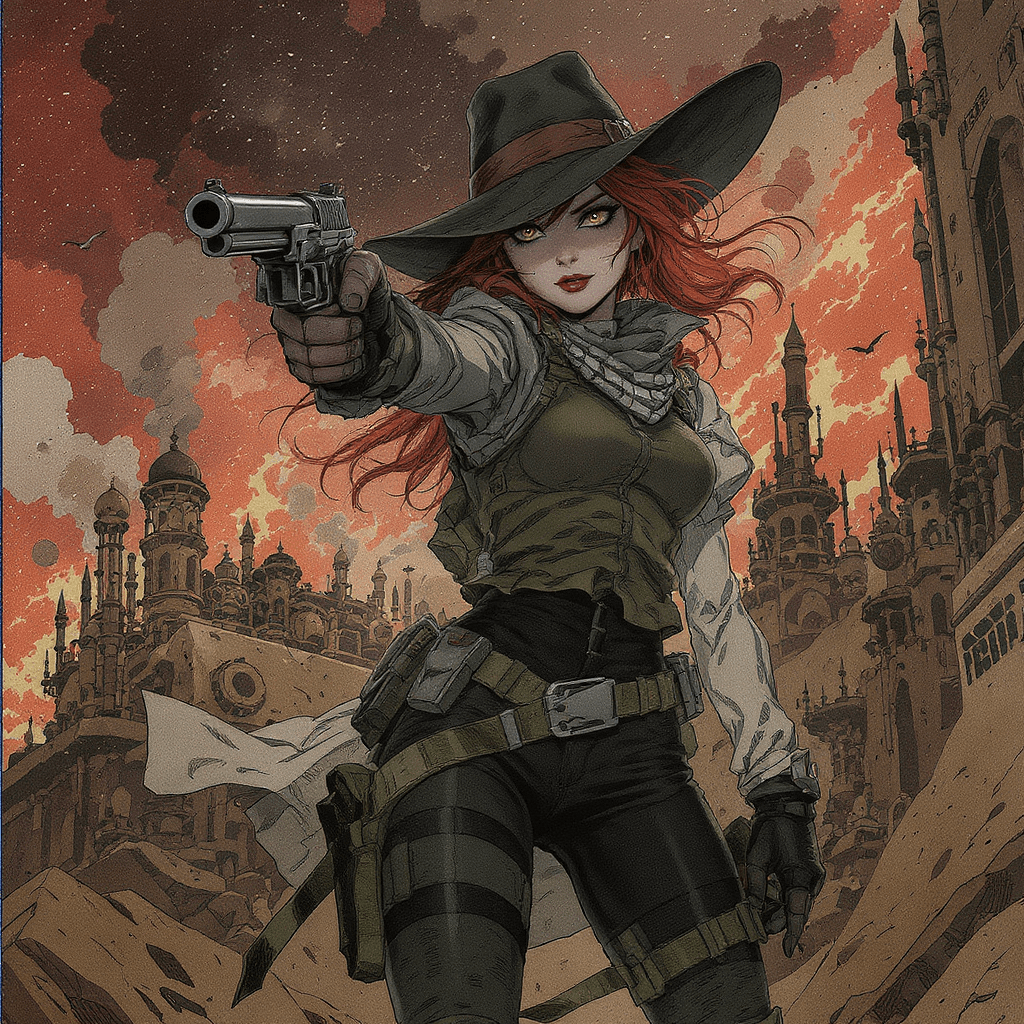 AI generated: Full body shot 3/4 view, young beautiful European woman, holding a gun, random illustrations to fill...