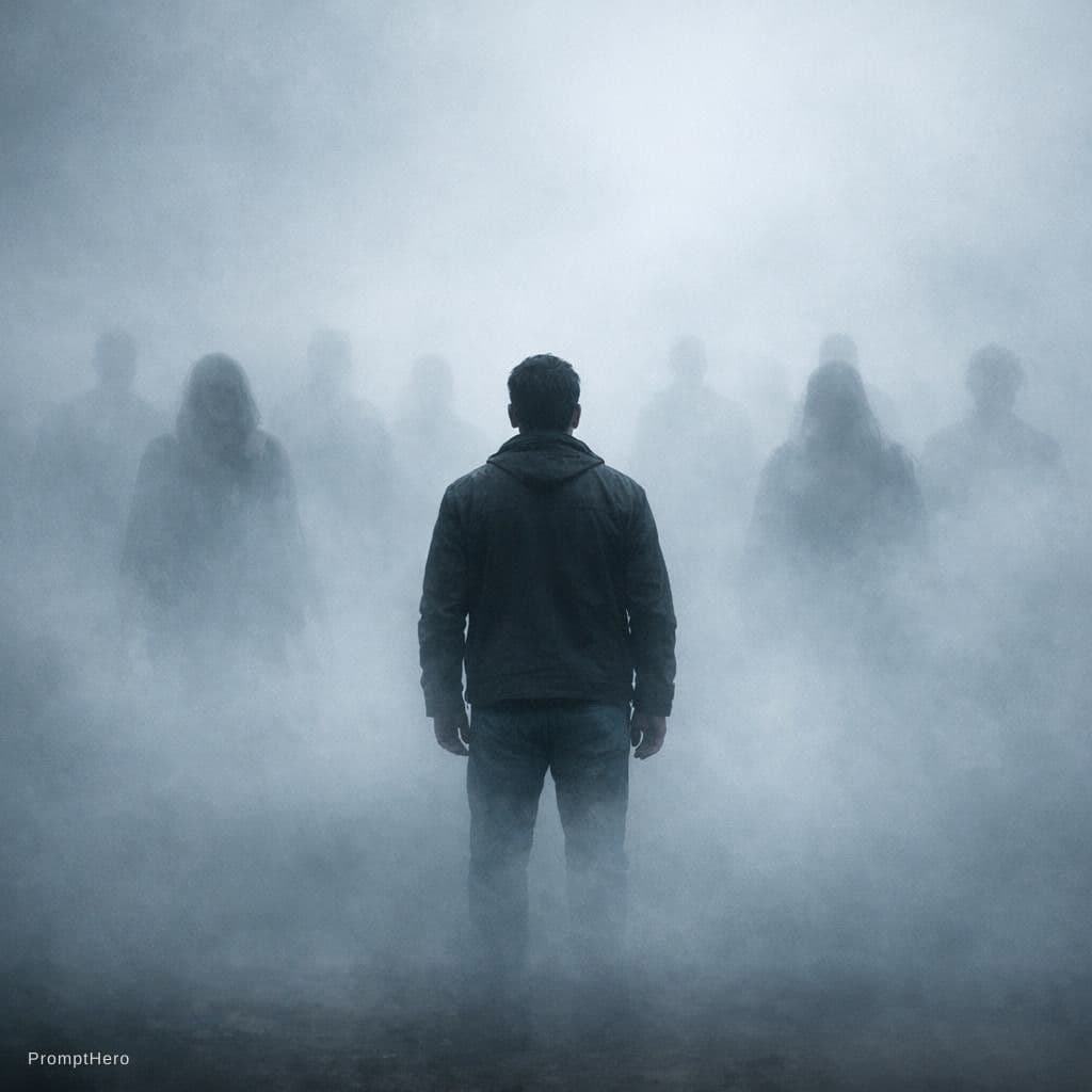 AI generated: A person stands in the middle of fog, and behind him are people in the fog who look like ghosts.