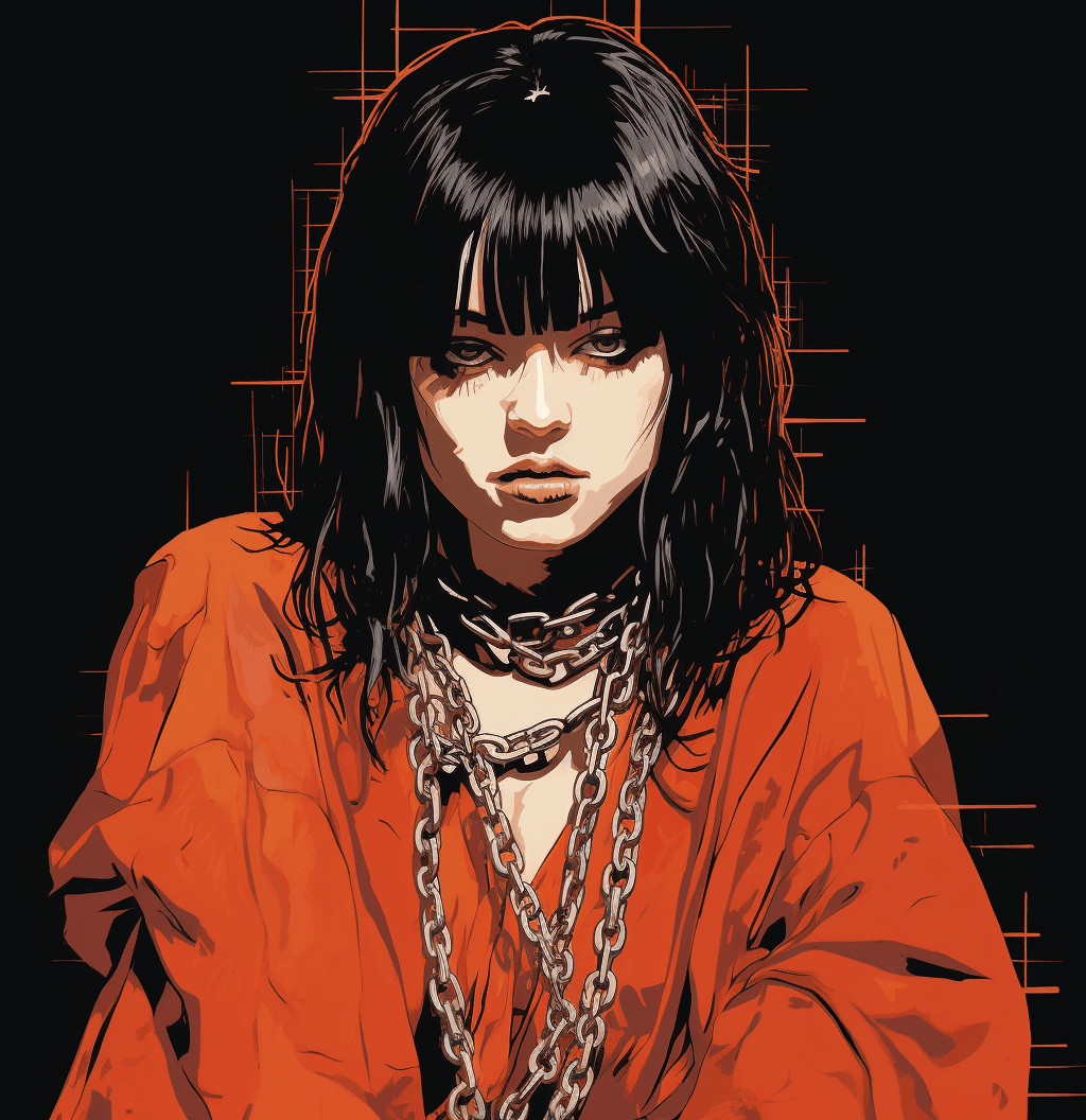AI generated: a girl in robes with chains by her neck, in the style of honeycore, iconic album covers, stark contr...