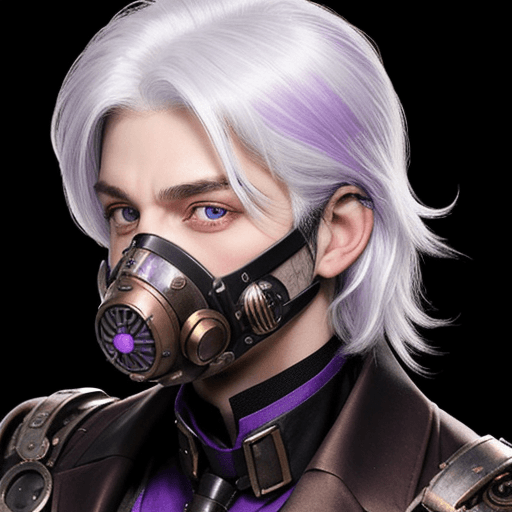AI generated: steampunk man, white hair combed back, the right half of the face is black and purple, eyes of diffe...