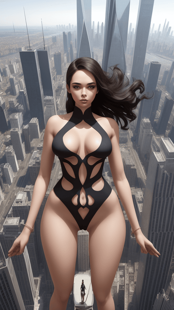 AI generated: adorned in 
easy access cutouts
poses open atop a towering skyscraper
her flawless
symmetrical figur...