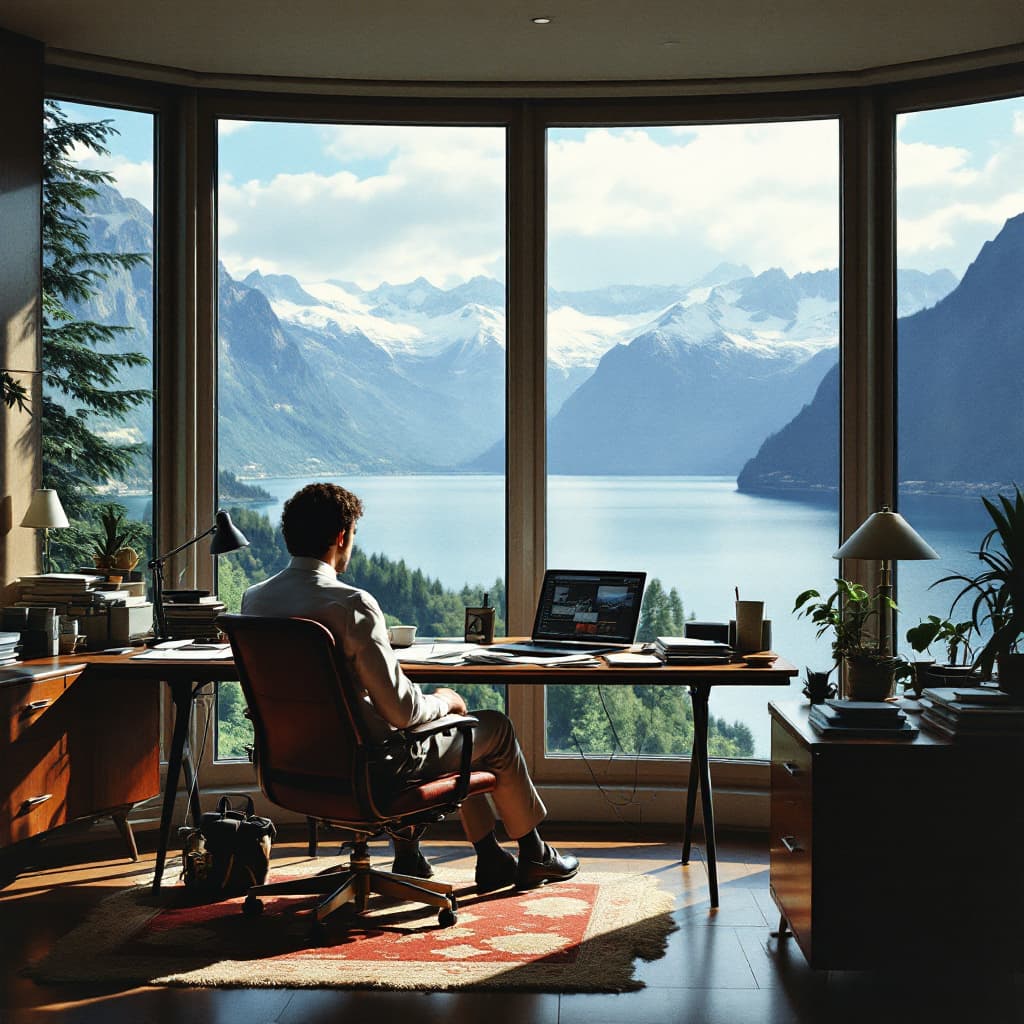 AI generated: An office of a Swiss executive in the early eighties, sitting at his desk with large windows overloo...