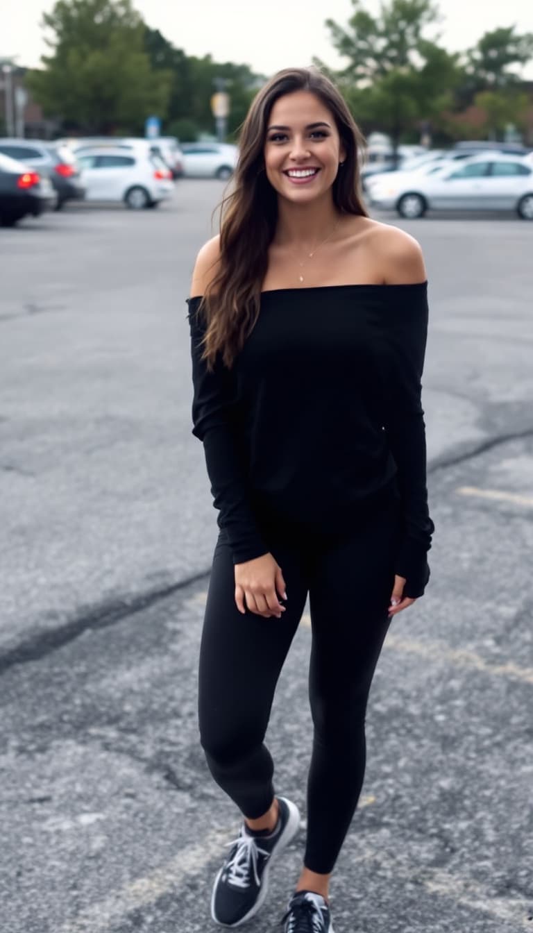 AI generated: My own girlfriend, wearing a black off the shoulder top, yoga pants, sneakers, happy. parking lot ba...
