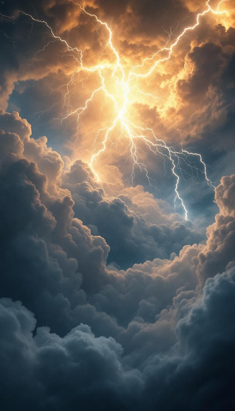 AI generated: first person POV, thunderclouds swirl violently below, lightning storms erupt in slow motion, robes ...