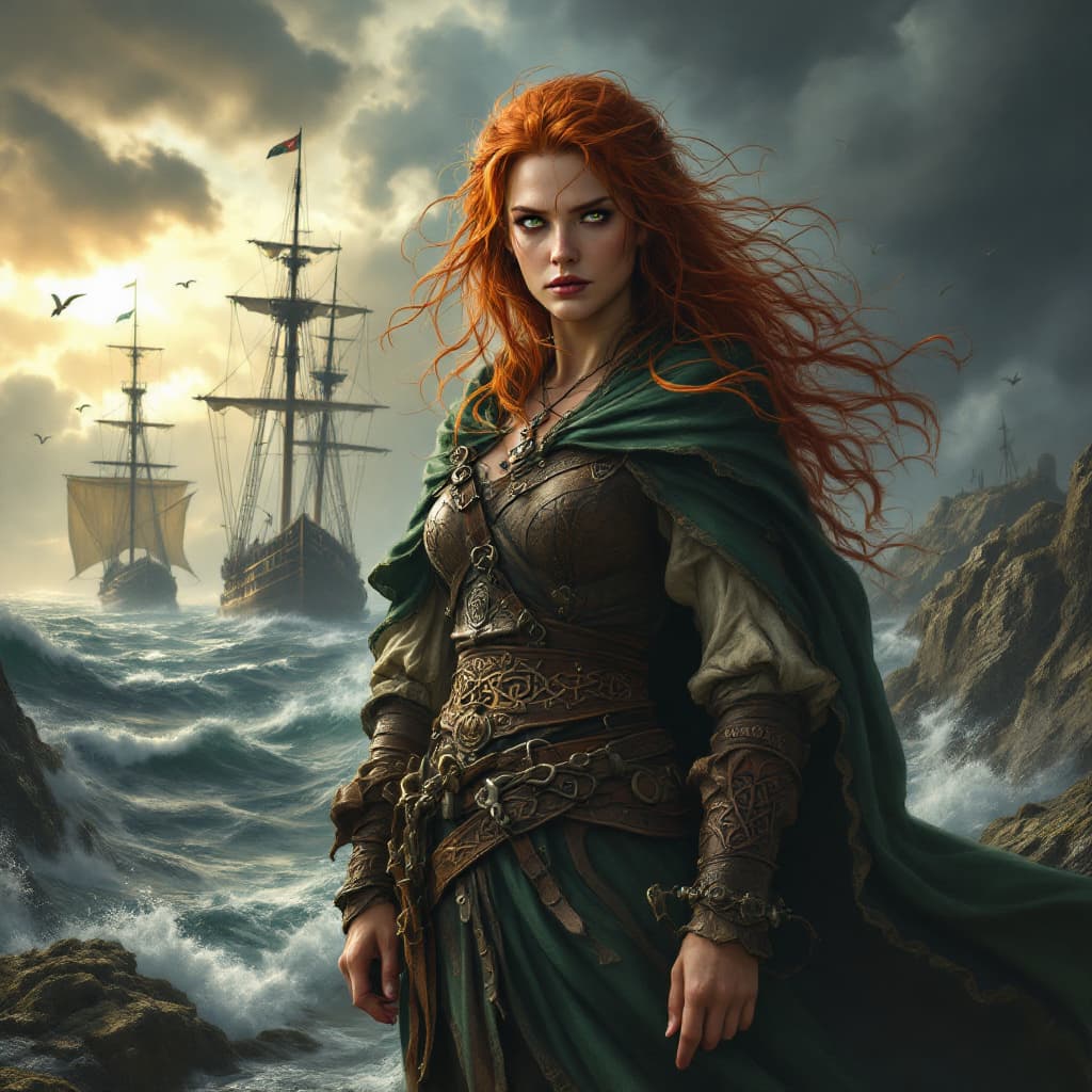 AI generated: Gráinne O'Malley, the legendary Irish pirate queen, stands defiantly at her rugged sea port, her sta...