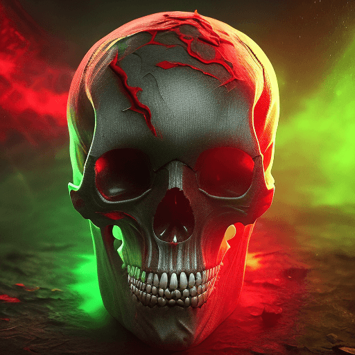 AI generated: demonic skull, hollow green eyes, red glow from the skull, detailed with color, dark fantasy horror,...