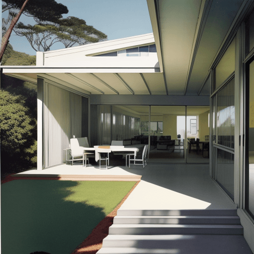 AI generated: Hyper realistic eye level exterior photo of a mid century modern style house overlooking the ocean, ...