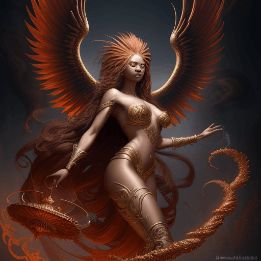 AI generated: heavenly beautiful royal Phoenix woman with long red windblown hair and scale wings, minimum clothin...