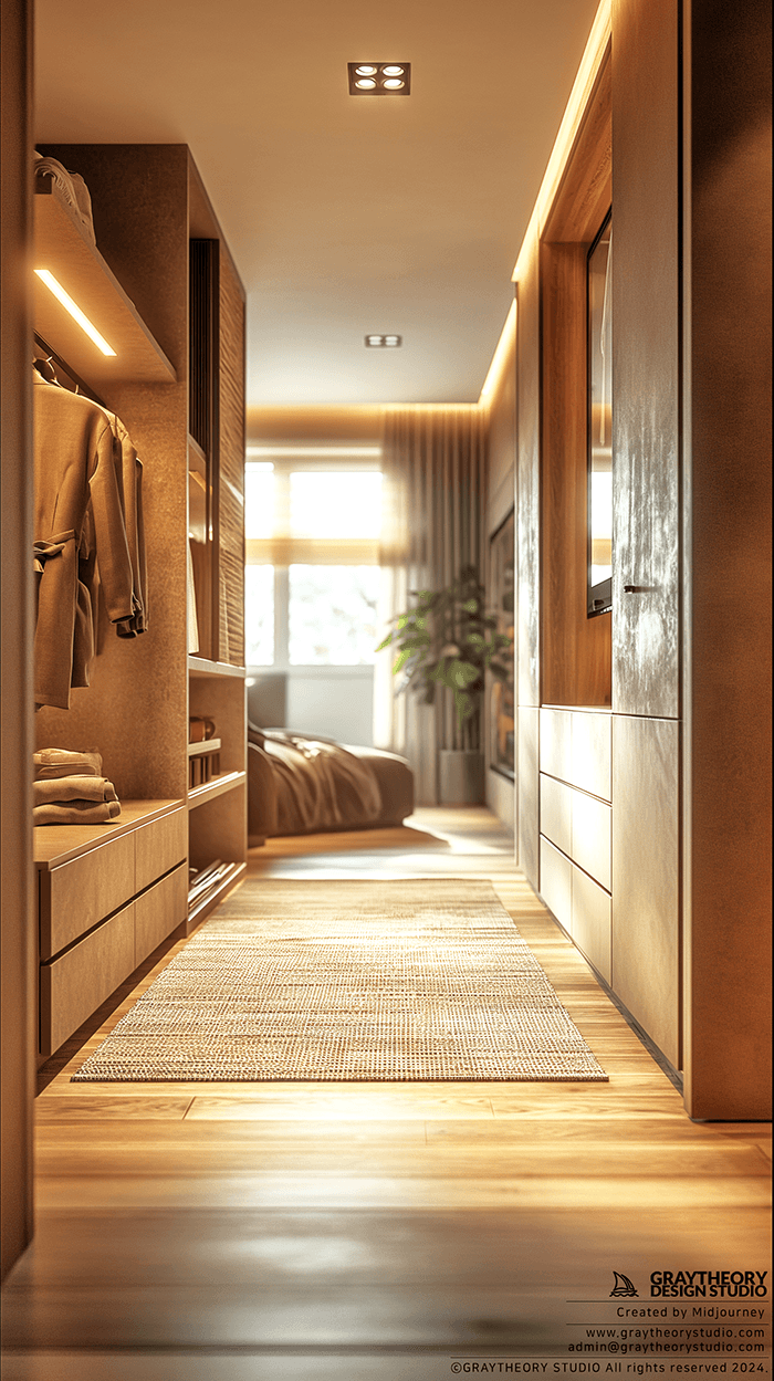AI generated: photorealistic, perspective shot, modernism dress room