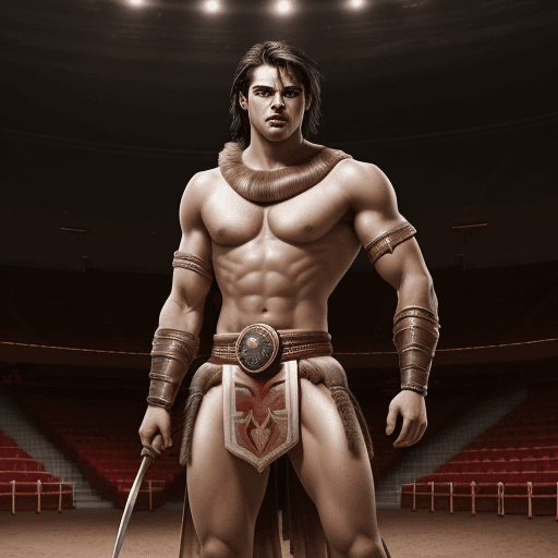 AI generated: hyperralistic picture of a young muscular gladiator in loincloth standing in an arena