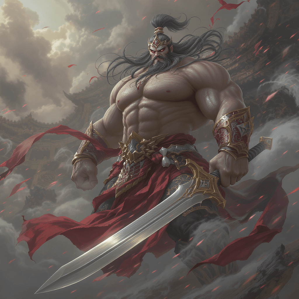 AI generated: A picture of a big warrior holding a big sword, Disney Mulan reference, ไม่ใส่เสื้อ , นมใหญ่ 16k, ul...