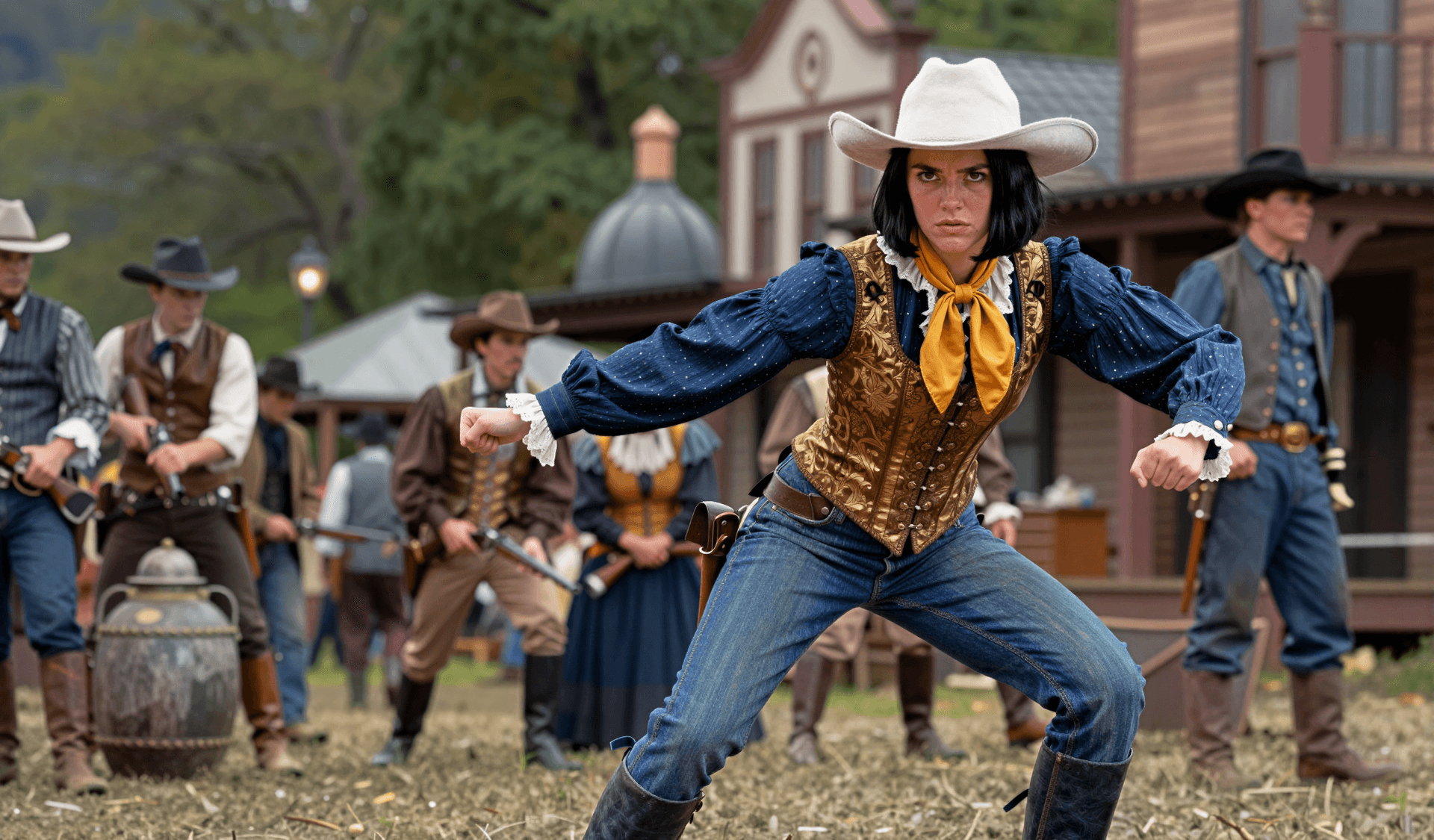 AI generated: Photorealistic cinematic still, medium shot, extreme low-angle shot, 18-year-old Belgian female guns...