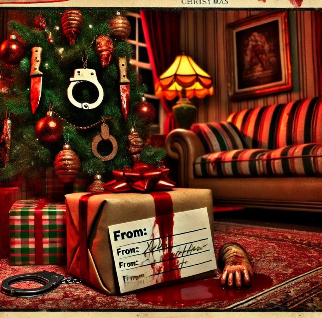AI generated: A vintage-style Christmas card scene set in a cozy, dimly lit living room with warm holiday decor. A...