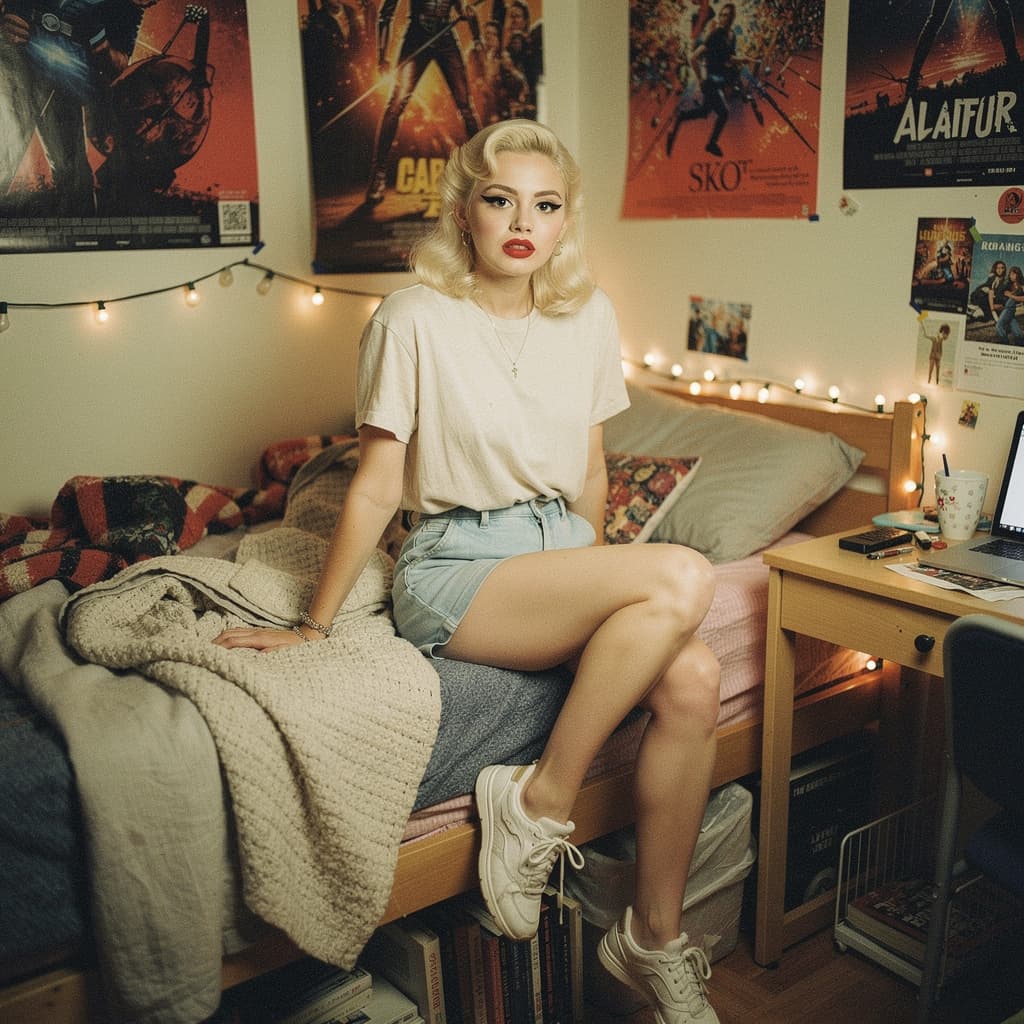 AI generated: A bold retro photograph of a curvy young female with platinum blonde hair and dramatic makeup. She w...