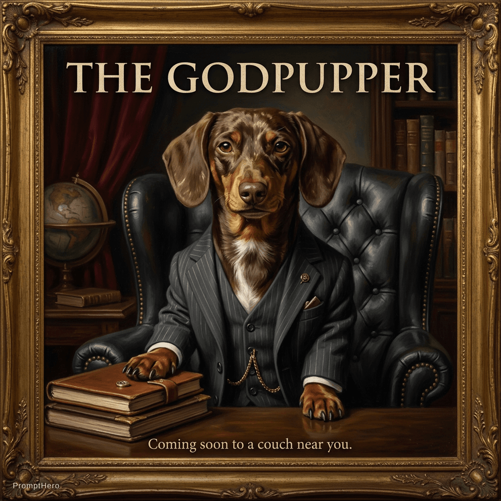AI generated: Ultra dramatic cinematic portrait of my dog sitting like a mafia boss, tiny suit, moody lighting, se...