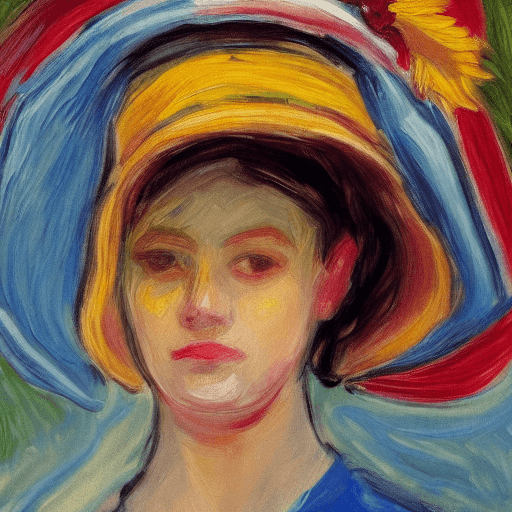 AI generated: impressionist painting, realistic face of woman, sunflower hat, texture, 4k, detail focused, extreme...