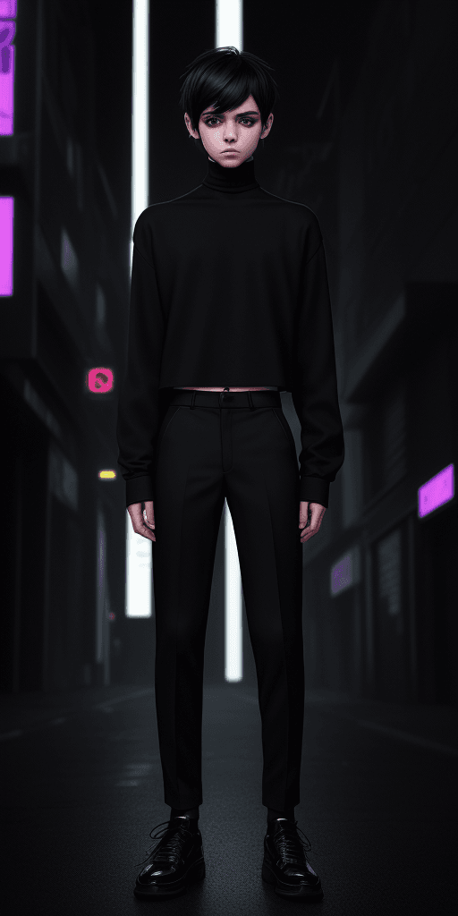 AI generated: [[[((clothing with the smallest details)), a young man to a classic black turtleneck with black trou...