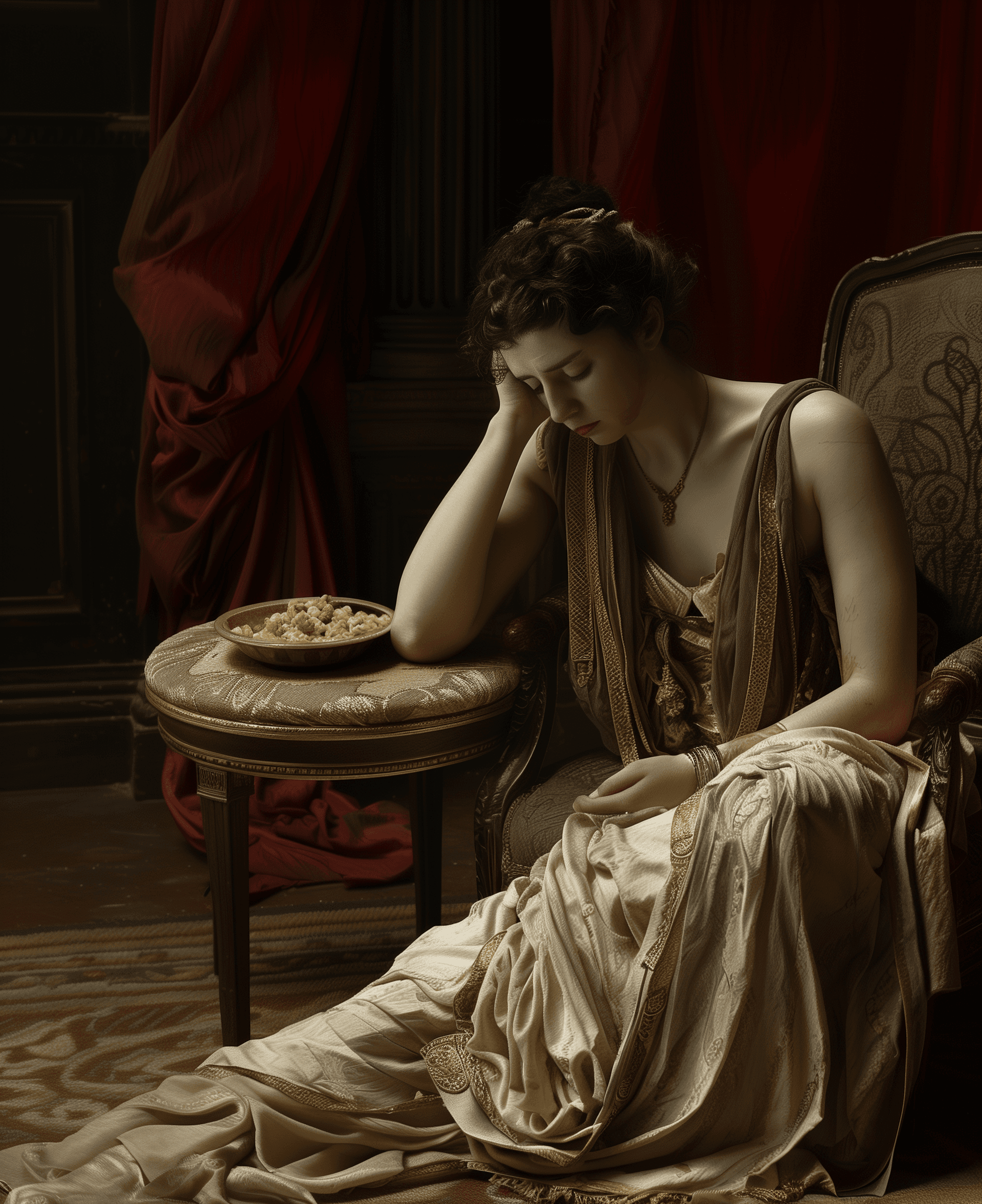 AI generated: A woman in ancient Greek dress sits on the edge of an armchair, her head resting against one hand as...